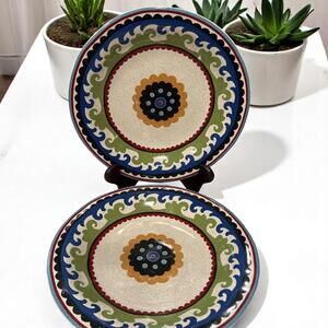 Pier 1 Suzani Medallion Set of 2 Dinner Plates Blue Green Multi Colorful 10 7/8"